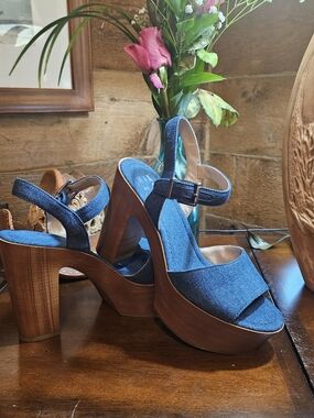 Mix No.6 Denim Platform Sandals with Wood-Effect Heel - Blue